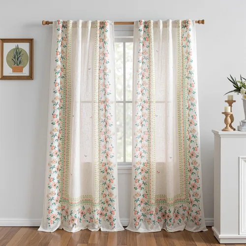 Vista 38 de MYSKY HOME Cortinas de lino transparentes de 45 pulgadas de largo para dormitorio, cocina, paneles de cortina florales, cortinas semicirverticales