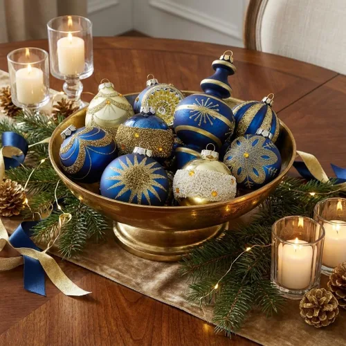 Vista 3 de Valery Madelyn Juego de adornos de Navidad de cristal, 10 quilates, oro azul, mercurio, bolas de árbol de Navidad, decoración de lujo colgante