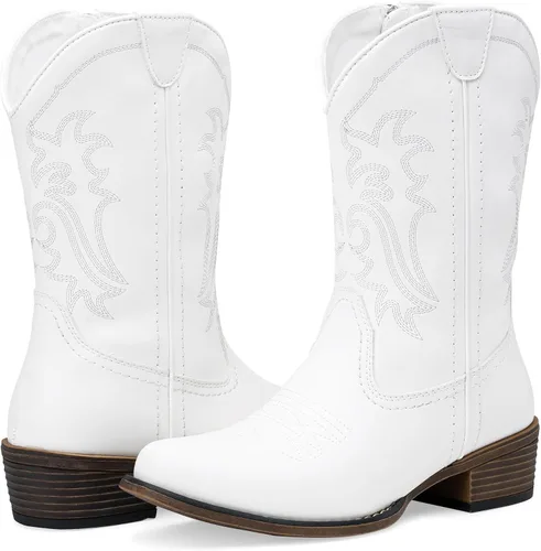 Vista 9 de Jeossy Botas vaqueras para mujer, vaquera occidental, a media pantorrilla, puntera redonda, bordadas, con cremallera