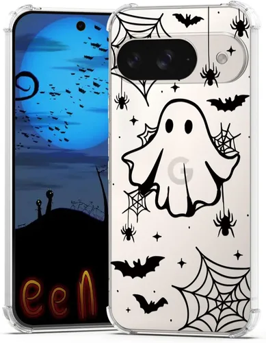 Vista 23 de Funda de Halloween para Google Pixel 6A transparente con diseños de murciélagos fantasmas, funda para teléfono para niñas, elegante, delgada, a
