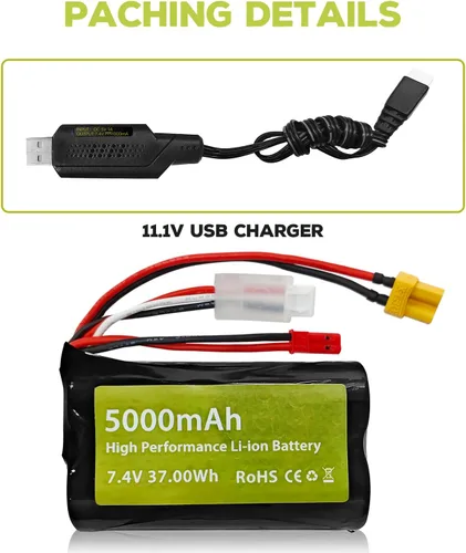 Vista 8 de sea jump Batería de iones de litio de 7.4V 5000mAh 2S con enchufe JST y enchufe XT30 con cable de carga USB adecuado para TX16S, TX18S, RC4GS