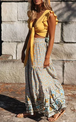 Vista 3 de ZESICA - Falda larga, estilo bohemio, estampado floral, acampanada, con cintura elástica y bolsillos