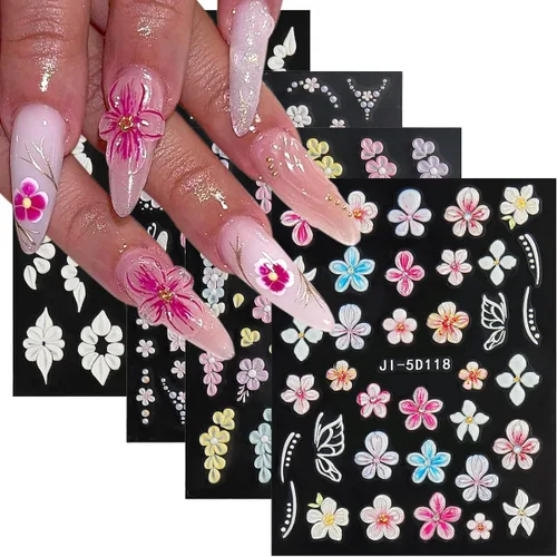 Vista 10 de Fcozpjk Calcomanías de uñas con lazo en relieve 5D, 5 hojas autoadhesivas de cintas rosas y blancas, arte de uñas para el día de San Valentín, dijes