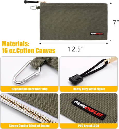 Vista 4 de FunOwlet Bolsa de herramientas de lona con cremallera, bolsa de herramientas resistente con mosquetón, organizador de almacenamiento multiusos