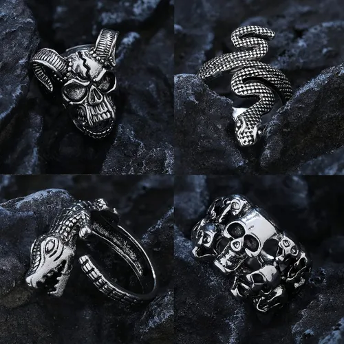 Vista 2 de ORAZIO Juego de 16 anillos abiertos góticos para hombres y mujeres, estilo punk, ajustable, serpiente y garra de dragón, anillos de animales
