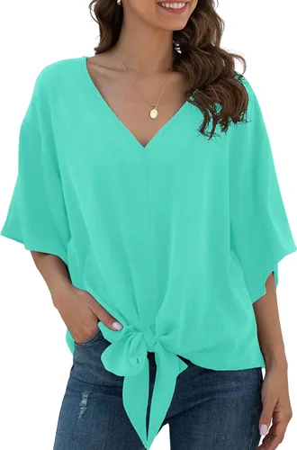 Vista 9 de VIISHOW Womens Tie Front Chiffon Blouses V Neck Batwing Short Sleeve Summer Tops Shirts Albaricoque