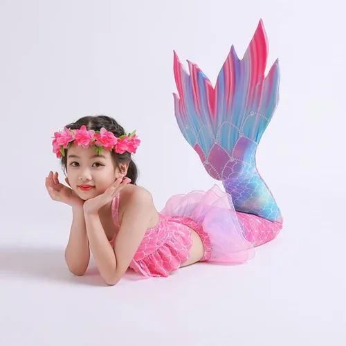 Vista 4 de Traje de baño de sirena para niñas con cola de sirena con guirnalda (sin monoaleta)