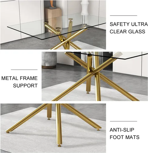 Vista 3 de LKTART Mesa de comedor rectangular de vidrio de 71 pulgadas con mesa de vidrio templado de 0.39 pulgadas y patas de metal cromado dorado