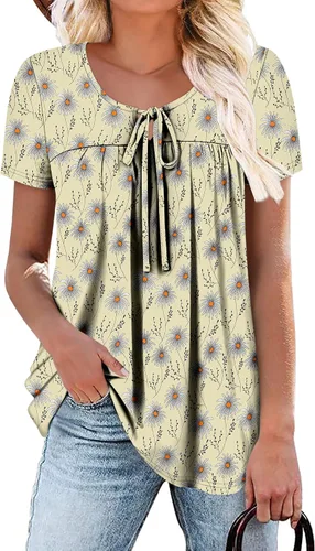 Vista 29 de BETTE BOUTIK Blusas de verano para mujer, plisadas, de manga corta, con cordón, cuello redondo, tallas S-3XL