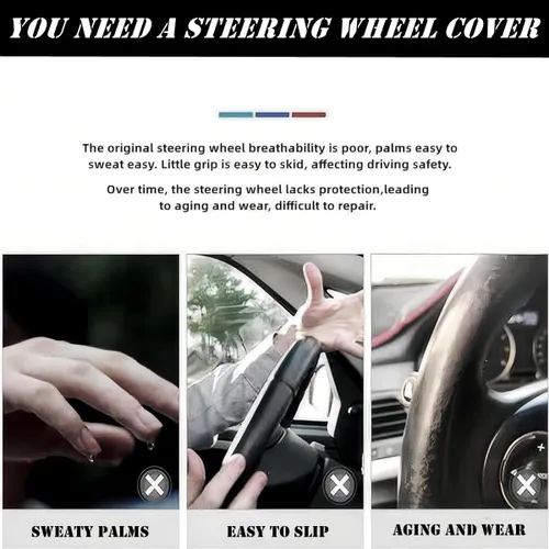 Vista 8 de Funda universal de microfibra para volante de automóvil, fibra de carbono elástica, 15 pulgadas, transpirable, antideslizante, protector de volante