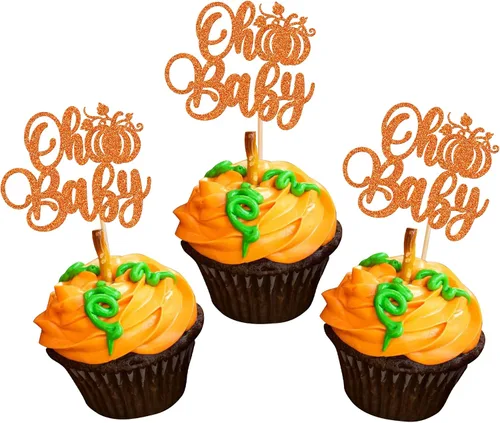 Vista 11 de Paquete de 24 adornos para cupcakes de calabaza con purpurina para cupcakes de calabaza para Acción de Gracias, baby shower, decoración de cupcakes