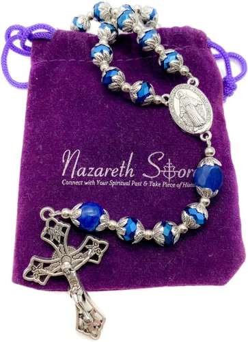 Vista 5 de Nazareth Store Collar de cuentas de cristal azul profundo rosario ágata azul gloria collar con cuentas de piedra milagrosa y cruz crucifijo