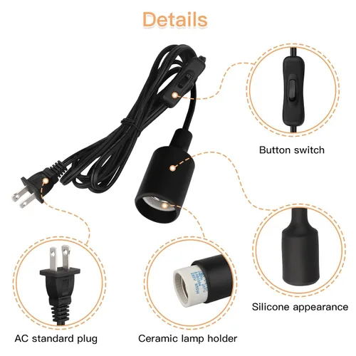 Vista 6 de Enchufe de cable de luz colgante de 15 pies, enchufe de lámpara colgante E26 con interruptor de encendido y apagado, base E27, cable de extensión