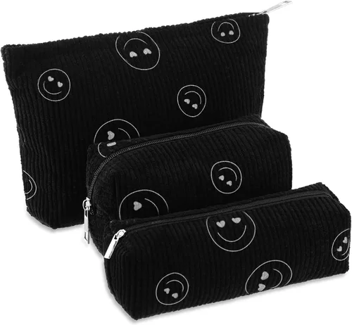 Vista 21 de Huhumy Juego de 3 bolsas de maquillaje para mujeres, bolsa cosmética de pana con sonrisa estética, bolsa de viaje para artículos de tocador, linda