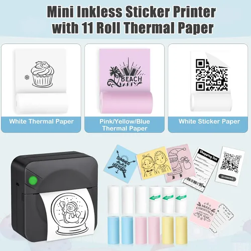 Vista 4 de Zeacool - Mini impresora de adhesivos, mini impresora térmica de bolsillo con 11 rollos de papel, impresora inalámbrica sin tinta Bluetooth