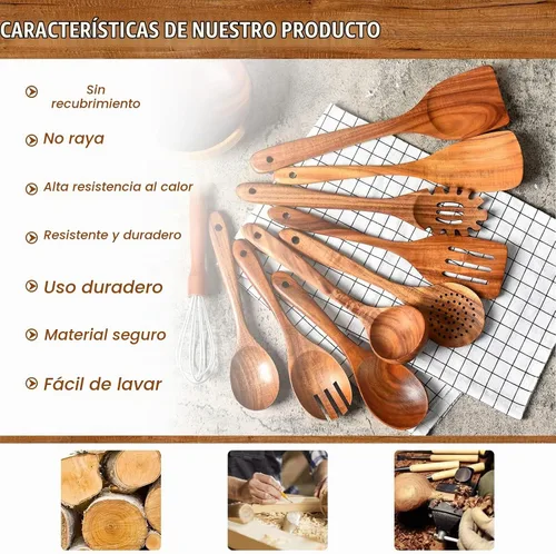 Vista 3 de Cuchara de madera de teca prémium para cocinar, juego de utensilios de cocina de madera antiadherentes de 10 piezas, cucharas de madera resistentes