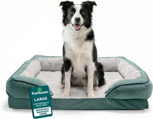 Vista 42 de Furhaven Funda de repuesto para cama de perro, estilo sofá, de pelo sintético y terciopelo, color salvia oscura, talla M