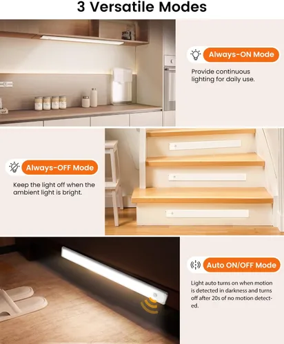 Vista 3 de Luces para debajo del gabinete de 8 pulgadas, 41 LED recargables con sensor de movimiento magnético, luz para interiores, brillo regulable de 6000