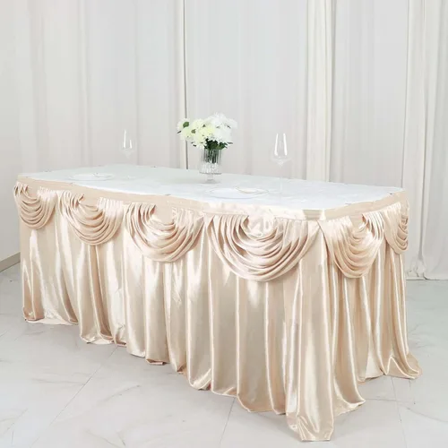 Vista 5 de Efavormart - Falda de mesa de satén beige para cocina, comedor, catering, boda, fiesta de cumpleaños, decoración de eventos, 14 pies