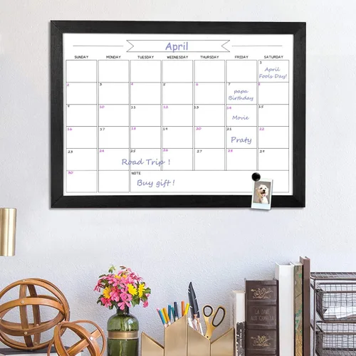 Vista 6 de Pizarra blanca de calendario mensual de borrado en seco, pizarra blanca magnética para pared, tablero colgante para oficina, escuela en casa, Negro
