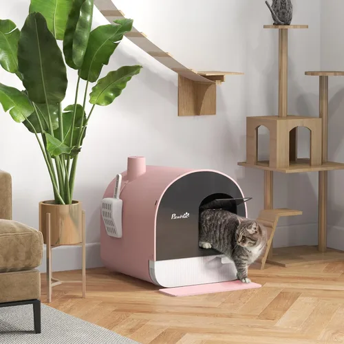 Vista 2 de PawHut Caja de arena para gatos con tapa, caja de arena cubierta para gatos de interior con bandeja, pala, alfombra, filtro, 17" x 17" x 18.5", rosa