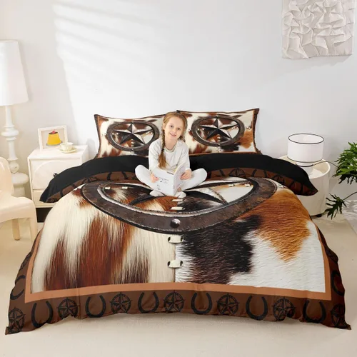 Vista 4 de Juego de ropa de cama de piel de vaca para niños y niñas, funda de edredón con estampado de estrellas de piel de vaca occidental, funda de edredón