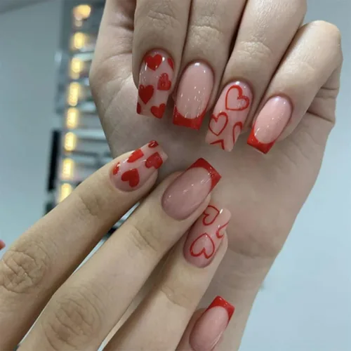 Vista 9 de Uñas postizas a presión para San Valentín, uñas postizas cortas cuadradas MABKJLF nude con diseños de labios, cobertura completa, pegamento