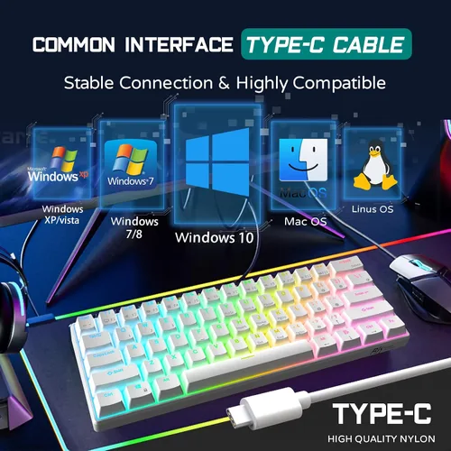 Vista 6 de RK ROYAL KLUDGE RK61 Teclado mecánico con cable 60% para juegos programable QMKVIA RGB retroiluminado 61 teclas ultra compacto intercambiable