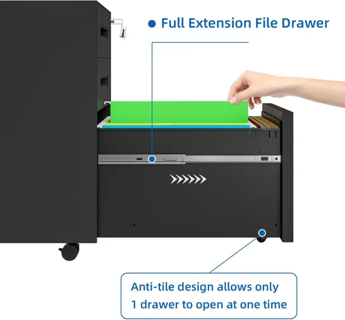 Vista 6 de Dripex Archivador negro de 3 cajones, gabinete de almacenamiento móvil debajo del escritorio con bloqueo en ruedas, totalmente montado