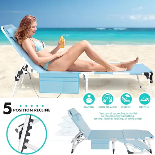 Vista 7 de H&ZT Silla de salón plegable con abertura para la cara – Silla reclinable ajustable para bronceado al aire libre con colchón, silla de sol