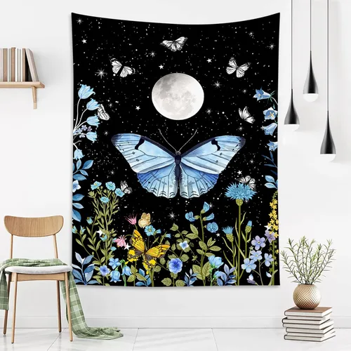 Vista 13 de LB Tapiz pequeño de mariposa colorido para colgar en la pared, diseño psicodélico de flores silvestres 3D, mariposas de fantasía floral, arte