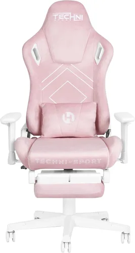 Vista 5 de Techni Sport Silla para juegos de terciopelo rosa con reposapiés