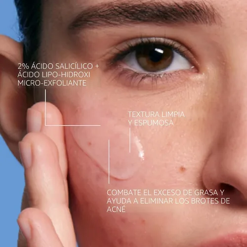 Vista 3 de La Roche-Posay Effaclar Limpiador de gel medicado, limpiador de ácido salicílico al 2% + LHA + glicerina, lavado facial espumoso para el acné, ayuda
