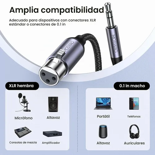 Vista 2 de MOSWAG Cable XLR a 0.1 in de 3 pies, cable hembra de 1/8 pulgadas a XLR, cable TRS de 1/8 pulgadas a micrófono hembra de 3 pines, estéreo