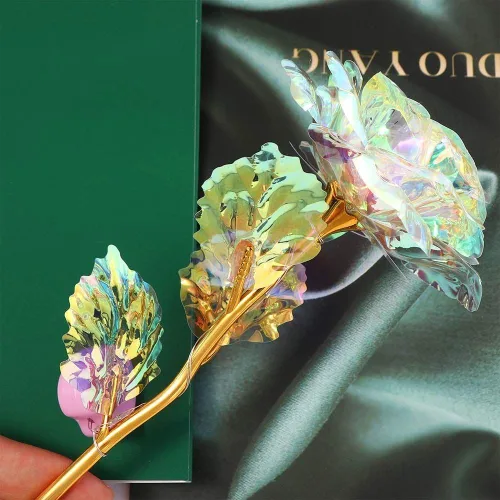 Vista 9 de Rosa artificial de imitación chapada en papel de aluminio, flor artificial para el día de San Valentín, Día de la Madre, cumpleaños, regalos de amor
