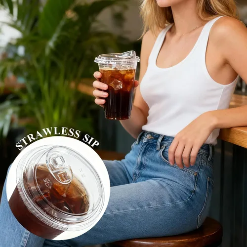 Vista 5 de Goodluck Paquete de 100 vasos de plástico transparente de 16 onzas con tapas, desechables para café helado con tapas para fiestas, bebidas
