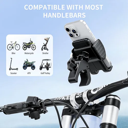 Vista 6 de Soporte de teléfono para motocicleta, manillar de bicicleta, abrazadera para teléfono celular, clip de teléfono para iPhone 16 Pro Max/Plus, 15 Pro