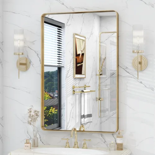 Vista 11 de Espejo rectangular para pared de baño de 20x30 pulgadas con marco negro mate, espejo de tocador con esquinas redondeadas, espejo de baño de metal