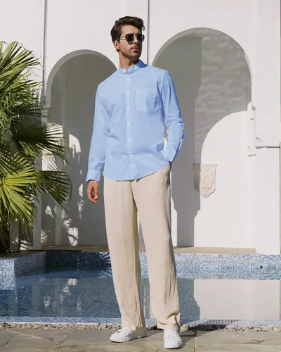 Vista 2 de Alimens & Gentle Camisas de algodón y lino para hombre, camisa de manga larga con botones, cuello de banda, camisas de playa