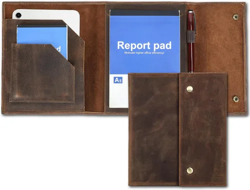 Vista 16 de Top Grain Leather - Padfolio de 8.3 pulgadas para hombres y mujeres, diseño vintage hecho a mano, organizador multifuncional de cartera de negocios