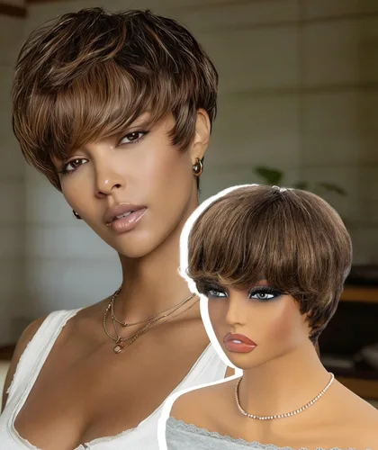 Vista 9 de QUEEN VIRGIN REMY QVR - Peluca de cabello humano con corte Pixie con flequillo, pelucas cortas para mujeres negras, cabello humano de diferentes