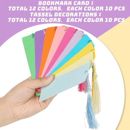 Vista 4 de Sinmoe 120 marcapáginas de papel en blanco, cartulina, borlas coloridas, manualidades, a granel para proyectos de aula, regalos, etiquetas