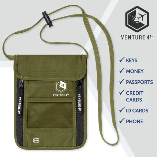 Vista 6 de Cartera de viaje para el cuello con bloqueo RFID, bolsa de cuello para pasaporte para hombres y mujeres para mantener los documentos seguros, Verde