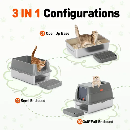 Vista 3 de Caja de arena para gatos de acero inoxidable 3 en 1 con tapa extraíble, caja de metal de alta cara extra grande cerrada para gatitos grandes