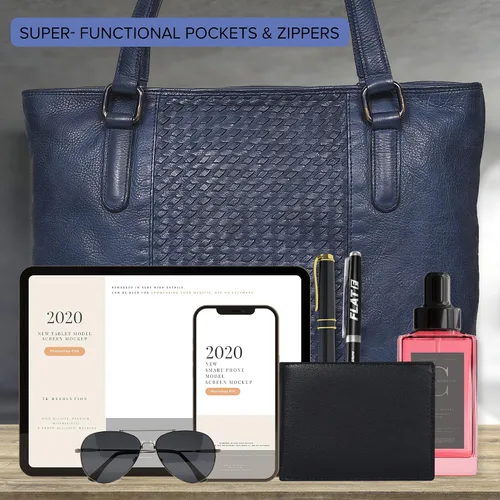 Vista 6 de Bolso de hombro de cuero genuino para mujer, con asa superior, para viaje, bolso vintage de diseñador para mujer, Azul desteñido, Vintage