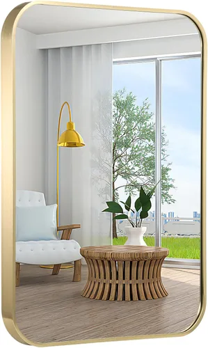 Vista 9 de Espejo de baño dorado mate oscuro de 24 x 36 pulgadas para pared, espejo rectangular enmarcado con esquina redondeada, espejo cepillado