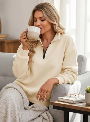 Vista 2 de BLENCOT Sudaderas acolchadas con media cremallera para mujer, cuello redondo, manga larga, sin botones, texturizadas, lisas, casuales, a la moda
