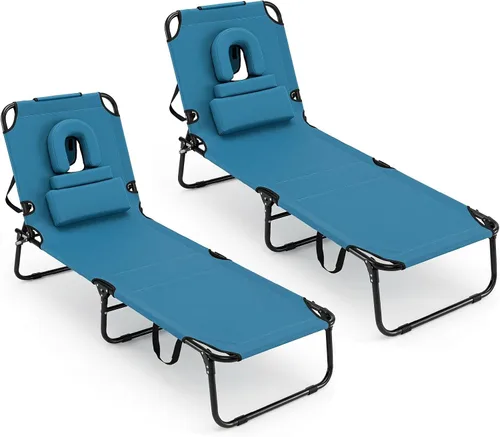 Vista 14 de GYMAX Silla de bronceado, silla de playa de 350 libras con agujero para la cara, almohada lavable y correa de transporte, tumbona plegable Ártico