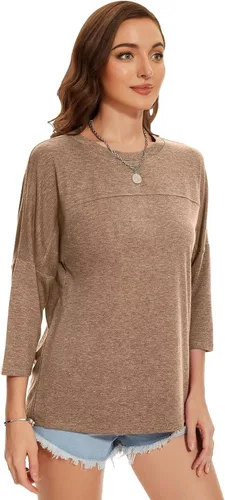 Vista 74 de ZENNILO Camisetas casuales de manga 3/4 para mujer, holgadas, cuello redondo, lindas camisetas básicas