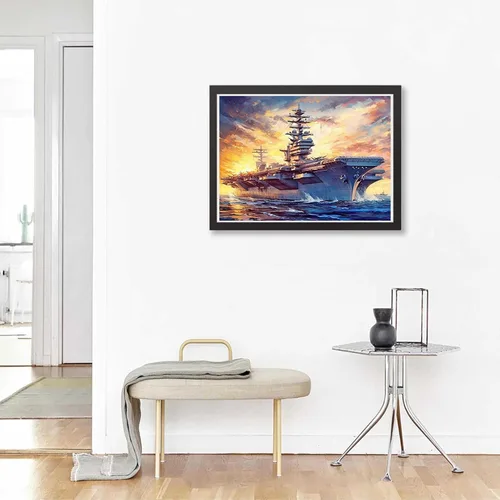 Vista 4 de Pintura artística de diamante, portaaviones, buque de guerra, Segunda Guerra Mundial, tema militar, kit de ventilador del ejército para adultos